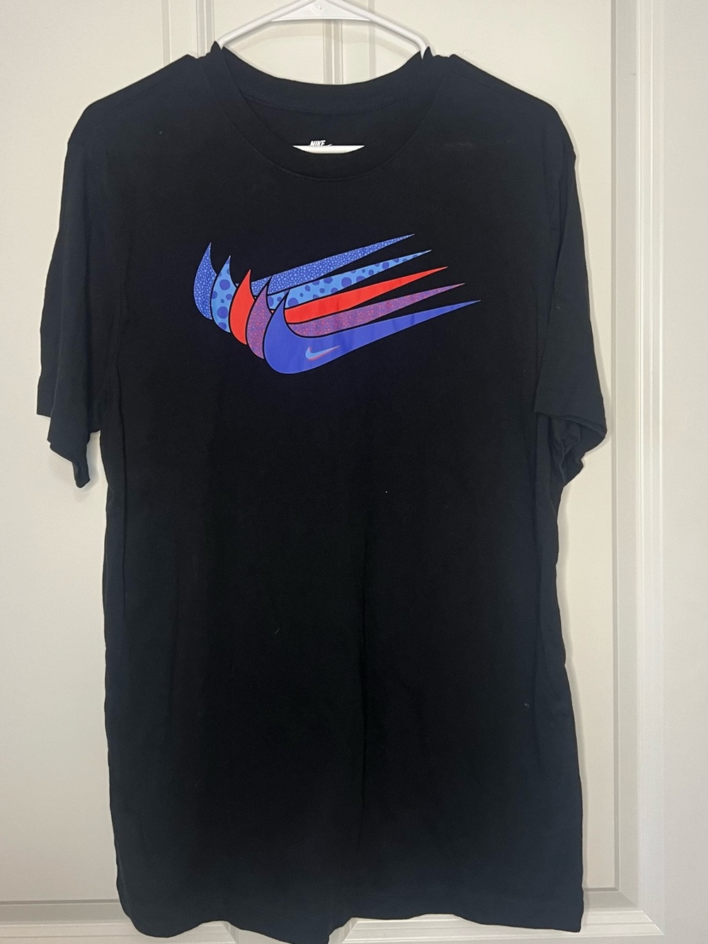 Nike Black Short-Sleeve Tee with Blue and Red Multi-Swoosh
